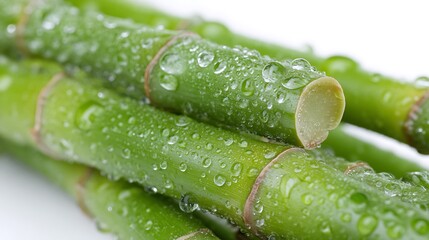 Closeup of fresh green bamboo stalks with water droplets isolated on white background
