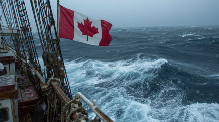 A Canadian flag is flying on a boat in the ocean