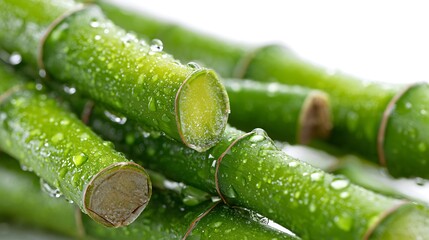 Closeup of fresh green bamboo stalks with water droplets isolated on white background