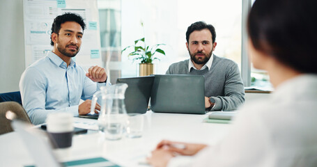 Business people, discussion and review at office meeting with team, insight or decision at finance...