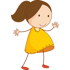 Drawing Of A Young Girl With Brown Ponytail Wearing A Yellow Dress And Red Shoes Standing On A White Background