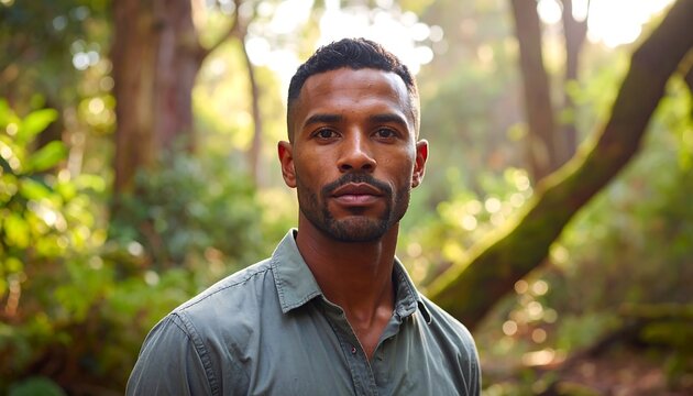 Portrait of a handsome man in a forest with sunlight and natural environment