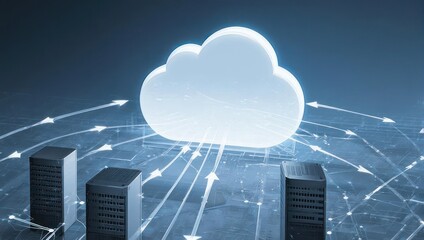 Futuristic visual of a cloud computing network with servers connected to a glowing cloud icon