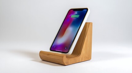 Smartphone on a wooden stand isolated on white background for presentation