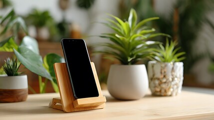 Smartphone on a wooden stand with plants in the background for decoration