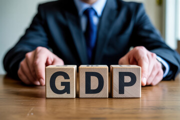 Obraz premium Businessman in a dark suit with a blue tie pushing together three wooden blocks spelling out GDP, representing economic growth