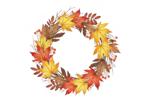 Wreath made of autumn leaves and berries isolated on transparent background