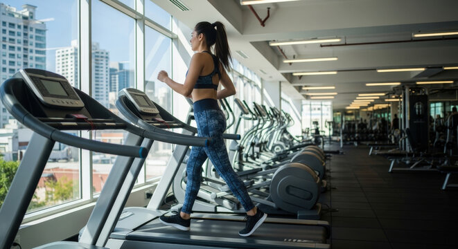 A woman jogging on a treadmill in a gym with large windows offering a city view