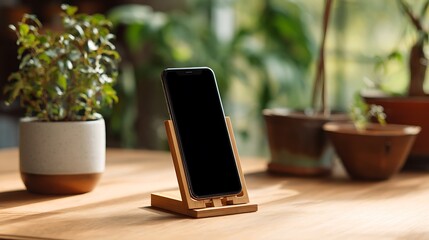 A smartphone is displayed on a bamboo stand with plants in the background