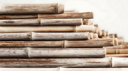 Close up of stacked bamboo sticks isolated on white background