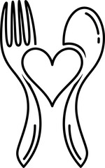 Simple outline icon of a fork and spoon forming a heart shape. Healthy food and love.
