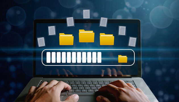 Laptop Screen Shows File Transfer Progress with Folders and Documents computer display Modern Business Strategy and Corporate Success Concept – High Quality Professional Image