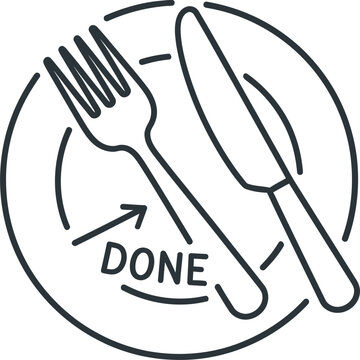 Simple outline icon showing proper "done eating" cutlery position on a plate.
