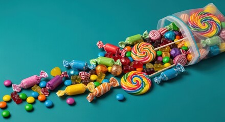 Colorful assortment of candies and lollipops spilling from a tipped container