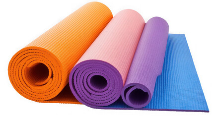 Colorful rolled yoga mats isolated on transparent background for fitness and exercise