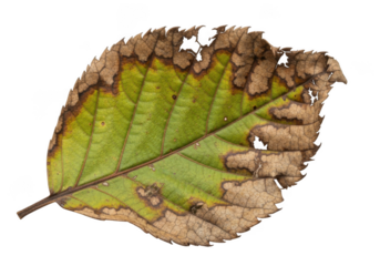 A single green and brown decaying leaf with torn edges isolated on transparent background