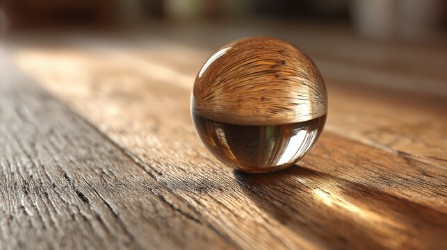 A reflective wooden sphere resting on a textured wooden surface, showcasing intricate patterns.