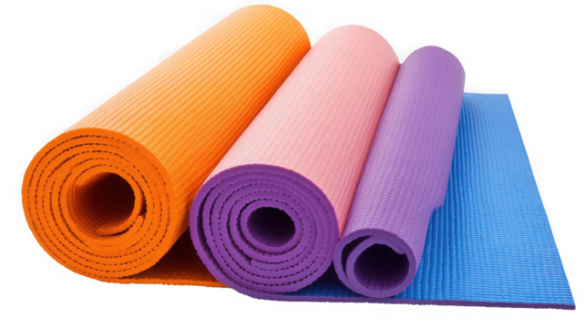 Colorful rolled yoga mats isolated on transparent background for fitness and exercise
