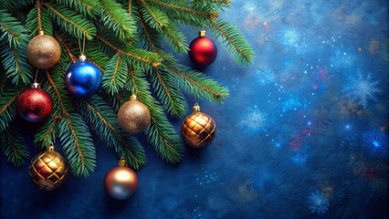 Christmas card design with fir branches and colorful ornaments on textured blue surface with  copy space for festive messages