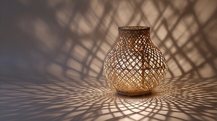 Handmade woven lamp casting intricate shadows on a neutral background