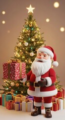 Santa claus holding gift box near christmas tree with star and presents around it.
