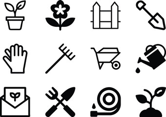 Clean gardening line icon set in minimal silhouette style, perfect for eco, farm, and nature design.