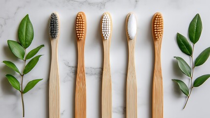 Five ecofriendly bamboo toothbrushes with green leaves isolated on white background