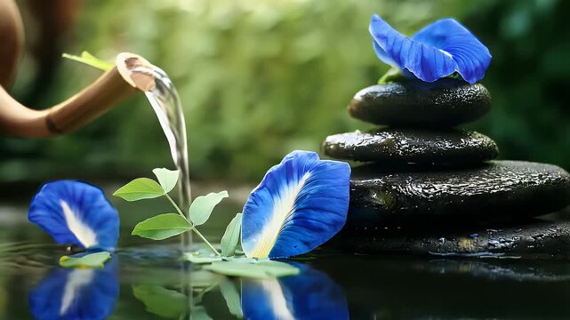 Zen composition with water flowing over rocks and butterfly pea flowers