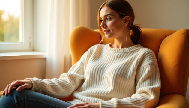 Relaxed moment by the window in cozy orange chair with thoughtful gaze and warm light for home inspiration and lifestyle imagery