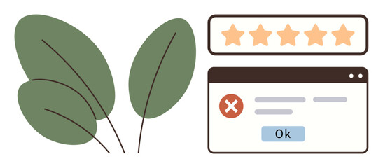 Green leaves next to a digital window showing 5-star rating bar and error alert. Ideal for online review, eco branding, nature web design, user experience, interface, error handling, simple flat