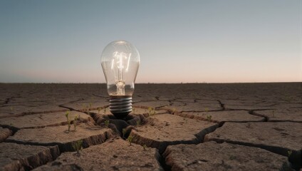 Illuminated lightbulb stands upright in cracked, dry earth under a vast, cloudless sky