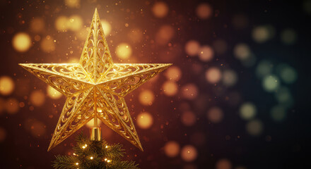 Sparkling Gold Christmas Tree Star with Blurred Lights.