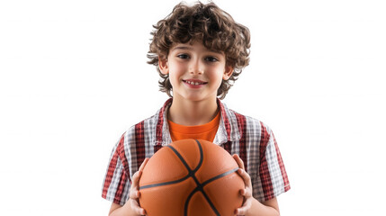 Smiling boy holding a basketball isolated on transparent background in studio