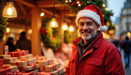Smiling man in santa hat at festive christmas market stall with holiday decorations and gift boxes