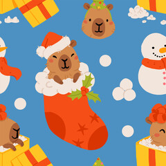 Cute Christmas capybara seamless pattern, funny winter animals with Santa hats, gifts, snowman, Christmas tree, and lights. Cozy holiday background. Flat cartoon vector illustration for New Year