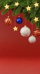 Festive christmas ornaments and star lights hanging from a pine branch on red.