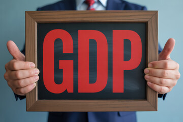 Man holding a blackboard with red GDP letters, representing critical economic metrics and financial health for national development