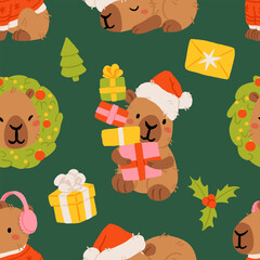 Cute Christmas capybara seamless pattern, funny winter animals with Santa hats, gifts, snowman, Christmas tree, and lights. Cozy holiday background. Flat cartoon vector illustration for New Year