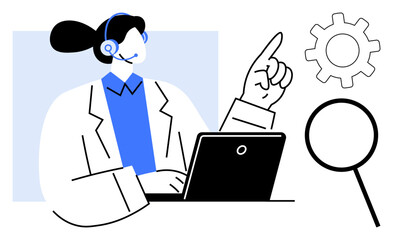 Woman wearing headset working on laptop, pointing upwards near gear and magnifying glass. Ideal for technology, customer service, research, communication, support, analysis teamwork. Simple flat