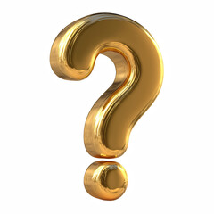 Golden question mark with smooth rounded edges and shiny metallic surface isolated on transparent background