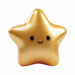 Cute chubby golden star with smiling face and shiny metallic surface isolated on transparent background
