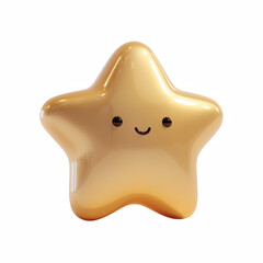 Cute chubby golden star with smiling face and shiny metallic surface isolated on transparent background