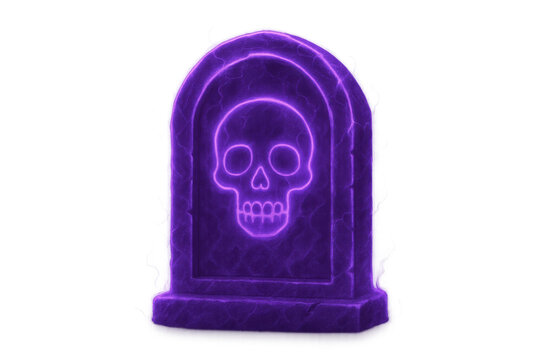 Glowing purple neon skull on a grave headstone for halloween parties, spooky death, and scary afterlife concepts