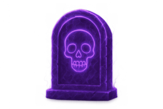 Glowing purple neon skull on a grave headstone for halloween parties, spooky death, and scary afterlife concepts