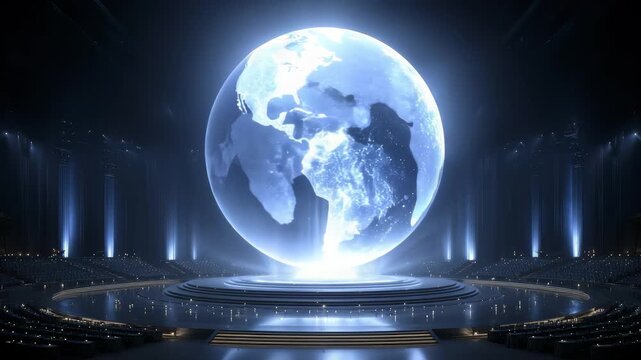 Brilliant Earth Suspended in the Center of the Stage Full of Technology - Powered by Adobe