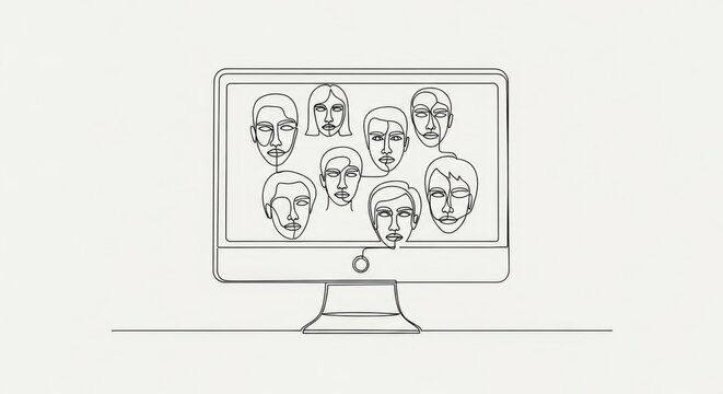 Minimalist line art showcasing a virtual meeting on a computer screen featuring diverse faces