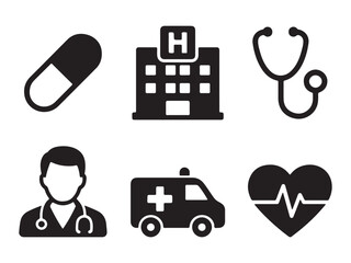 Silhouette medical icons depicting healthcare including pills hospitals doctors ambulances and vital signs vector illustration