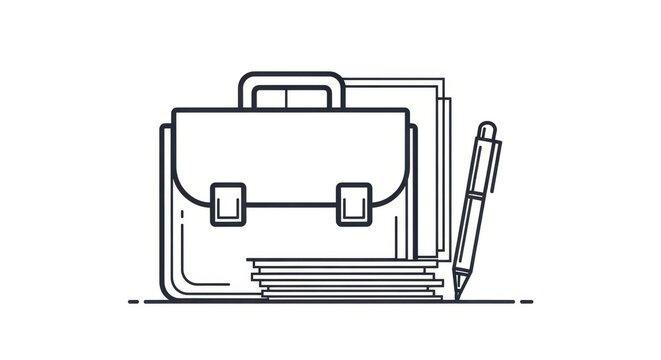 Sleek briefcase accompanied by neatly stacked papers and an elegant writing tool illustration