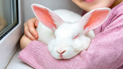 Close-up of a small bunny resting on a child’s lap highlighting the bond between rabbit and kid for animal and childhood themes