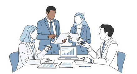 Illustrative business collaboration: diverse team engaging in data analysis and discussion for